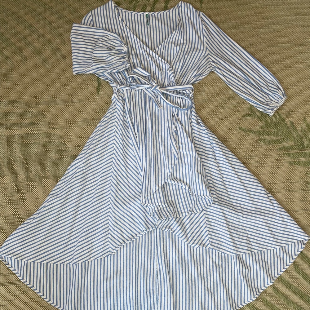 Blue and white pinstriped dress